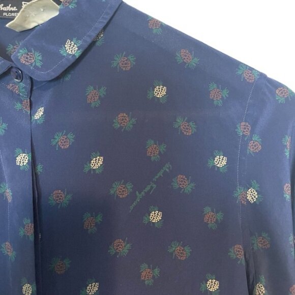 Salvatore Ferragamo vintage blue 100% silk button up long sleeve polo size M - Picture 4 of 8